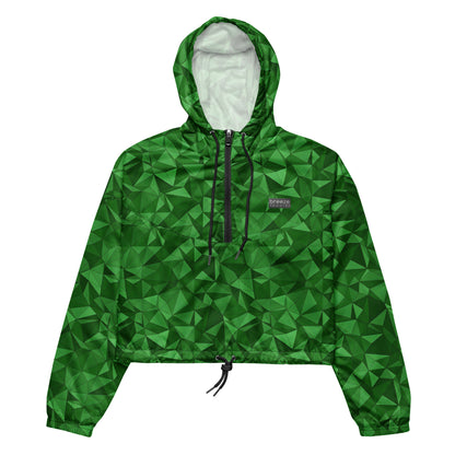 Cropped windbreaker with green geometric pattern.
