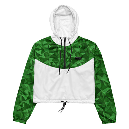 Cropped windbreaker with green geometric pattern on top half and sleeves; rest is white.