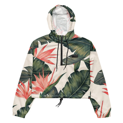 Cropped windbreaker with tropical floral design.