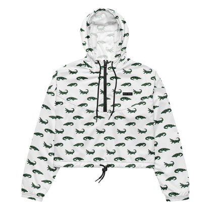 White, cropped windbreaker with pattern of green alligators.