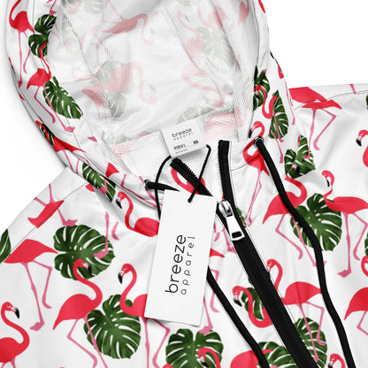 Jacket with pattern of flamingos on a white background.