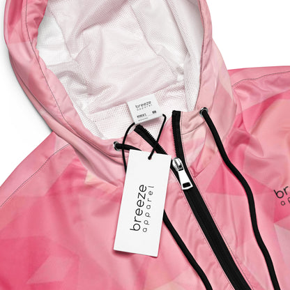 Jacket with pink geometric pattern.