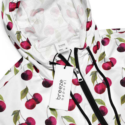 Jacket with pattern of cherries on a white background.
