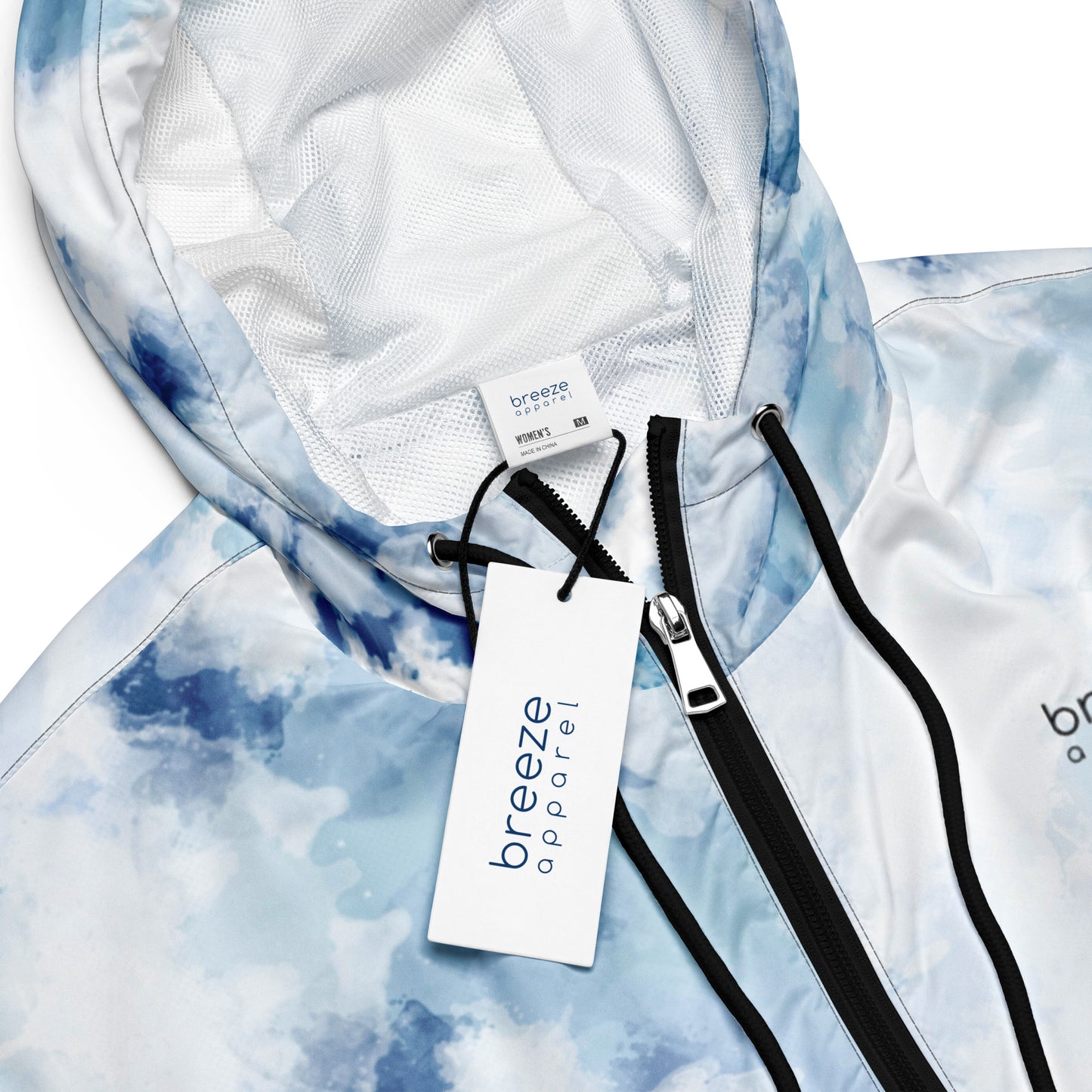 Jacket with blue-white watercolor pattern.