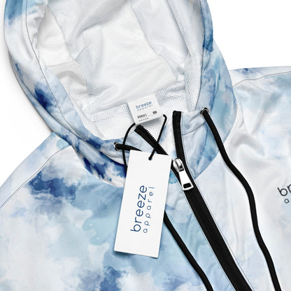 Jacket with blue-white watercolor pattern.