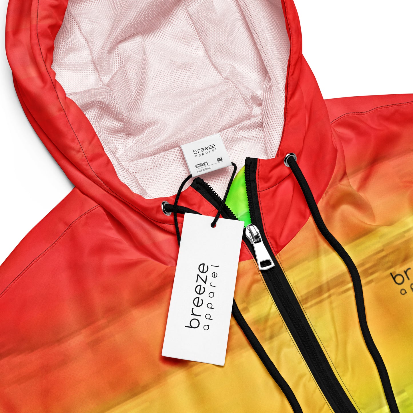 Jacket with rainbow pattern resembling watercolor.