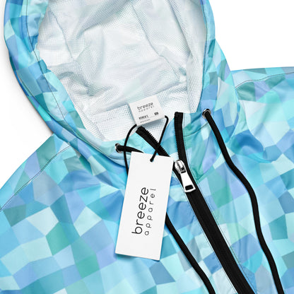 Jacket with light-blue geometric pattern.