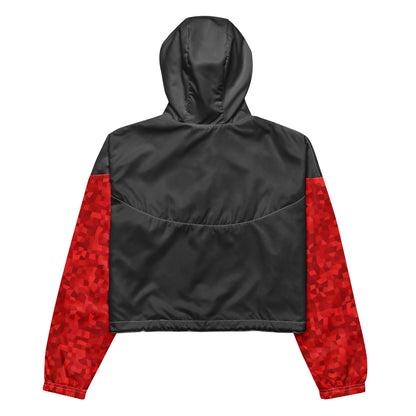Gray back of jacket; sleeves have red geometric pattern.