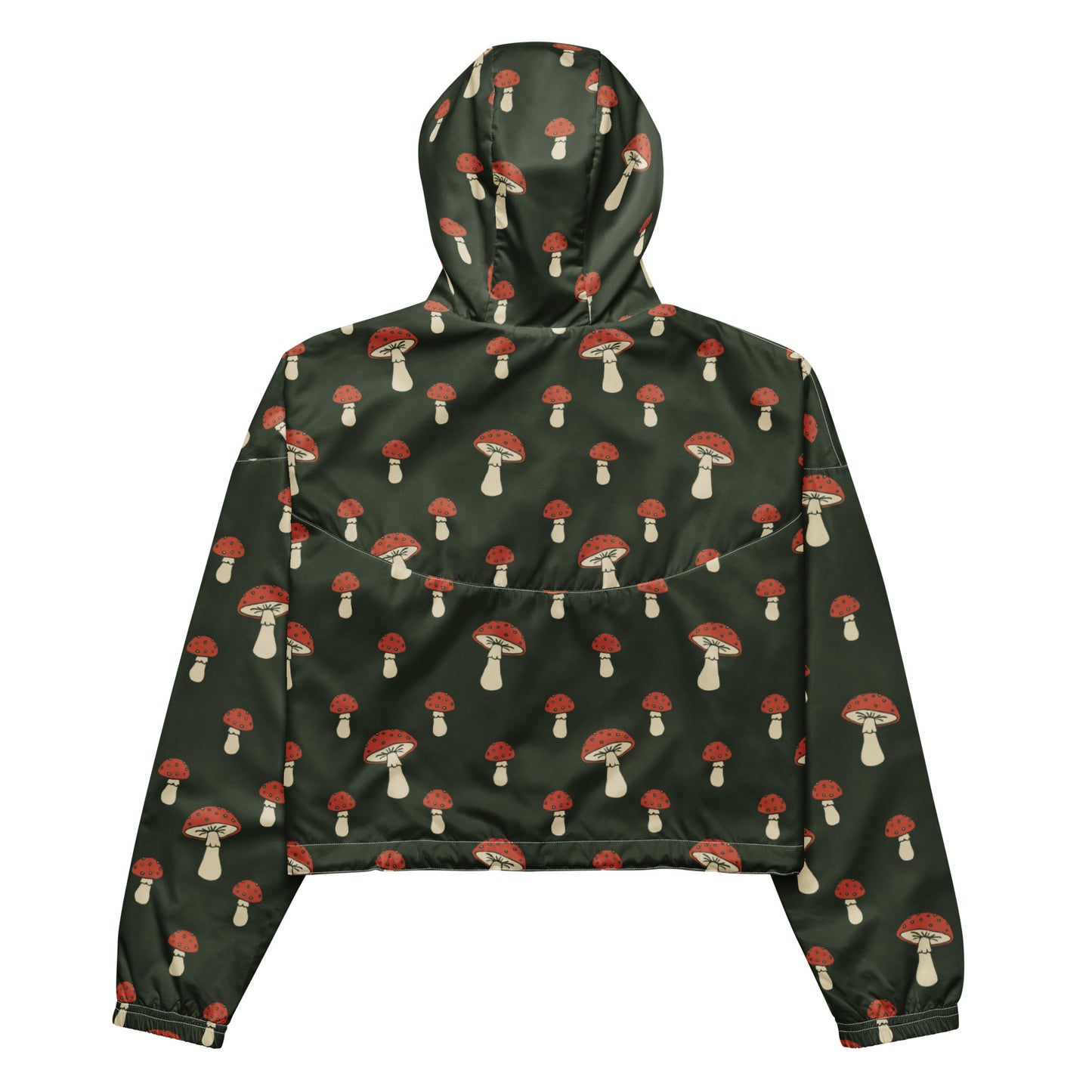 Cropped jacket with pattern of mushrooms set on a green background.