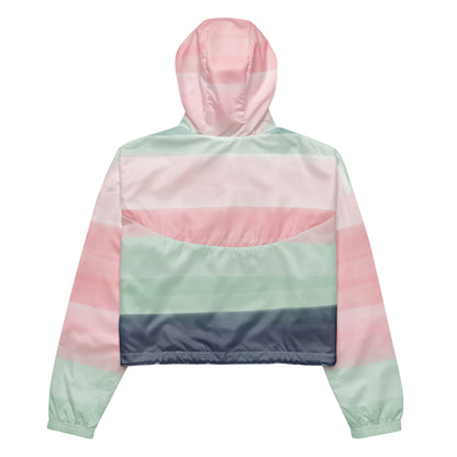 Cropped jacket with pattern resembling watercolor. Colors included are gray, light-green, and shades of pink.