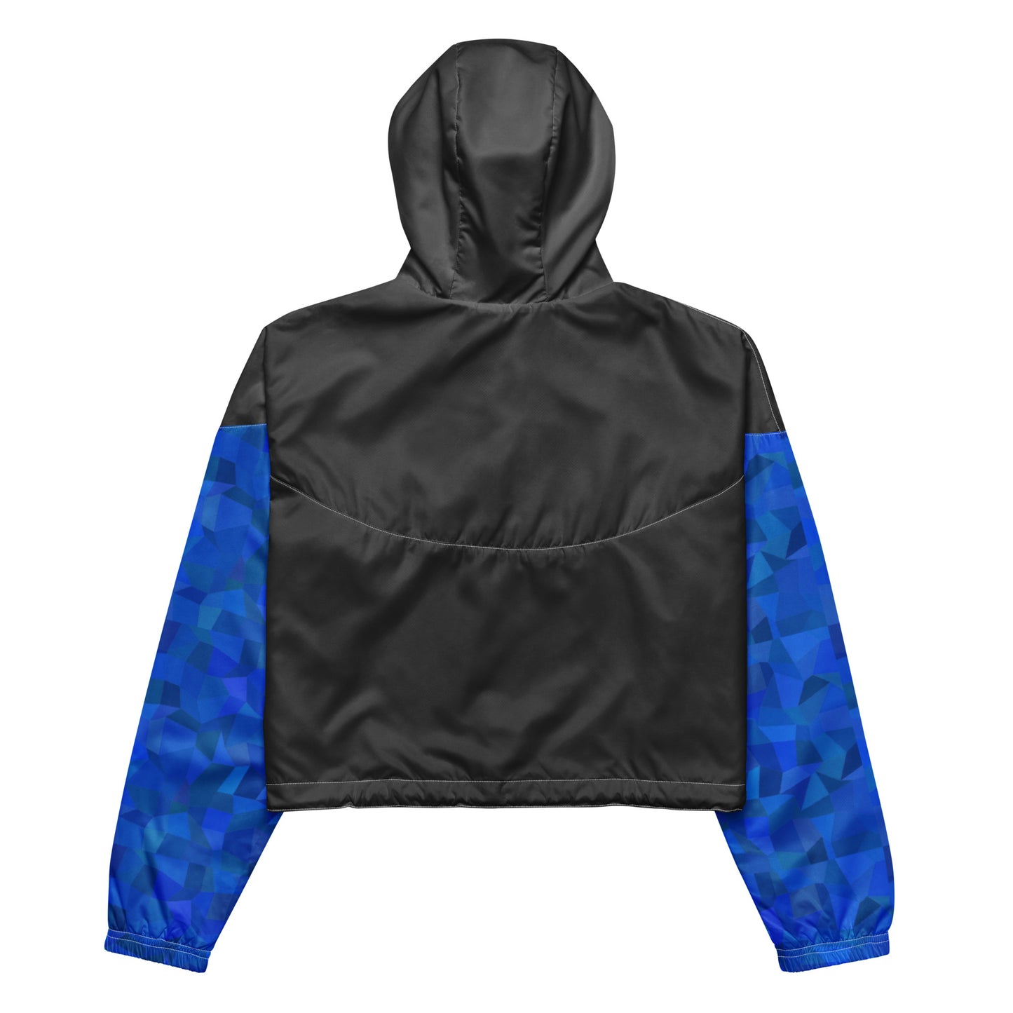 Gray back of jacket that has blue geometric pattern on sleeves.