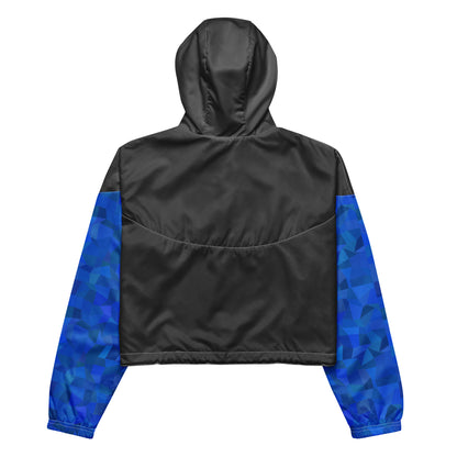 Gray back of jacket that has blue geometric pattern on sleeves.