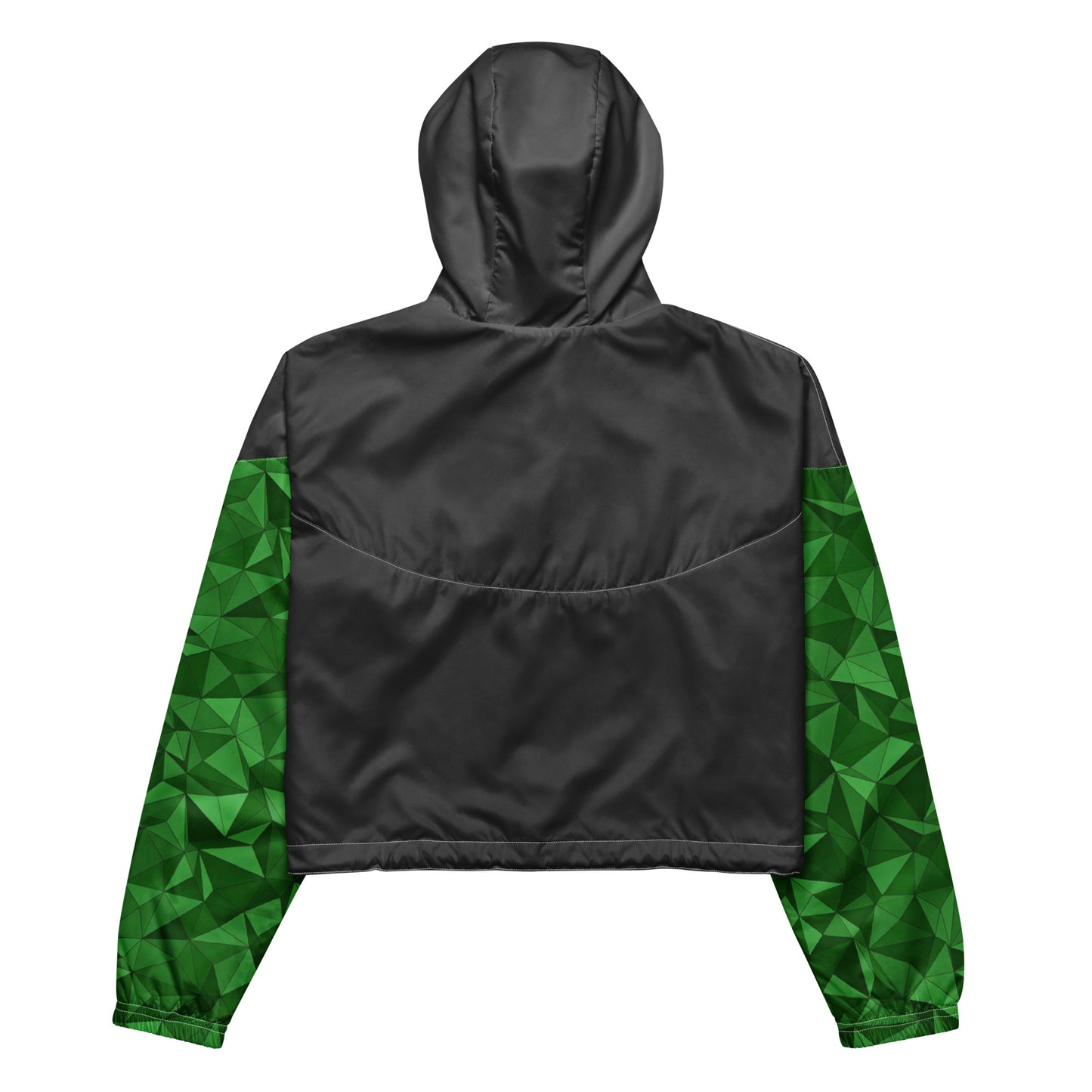 Gray back of cropped windbreaker; sleeves have green geometric pattern.