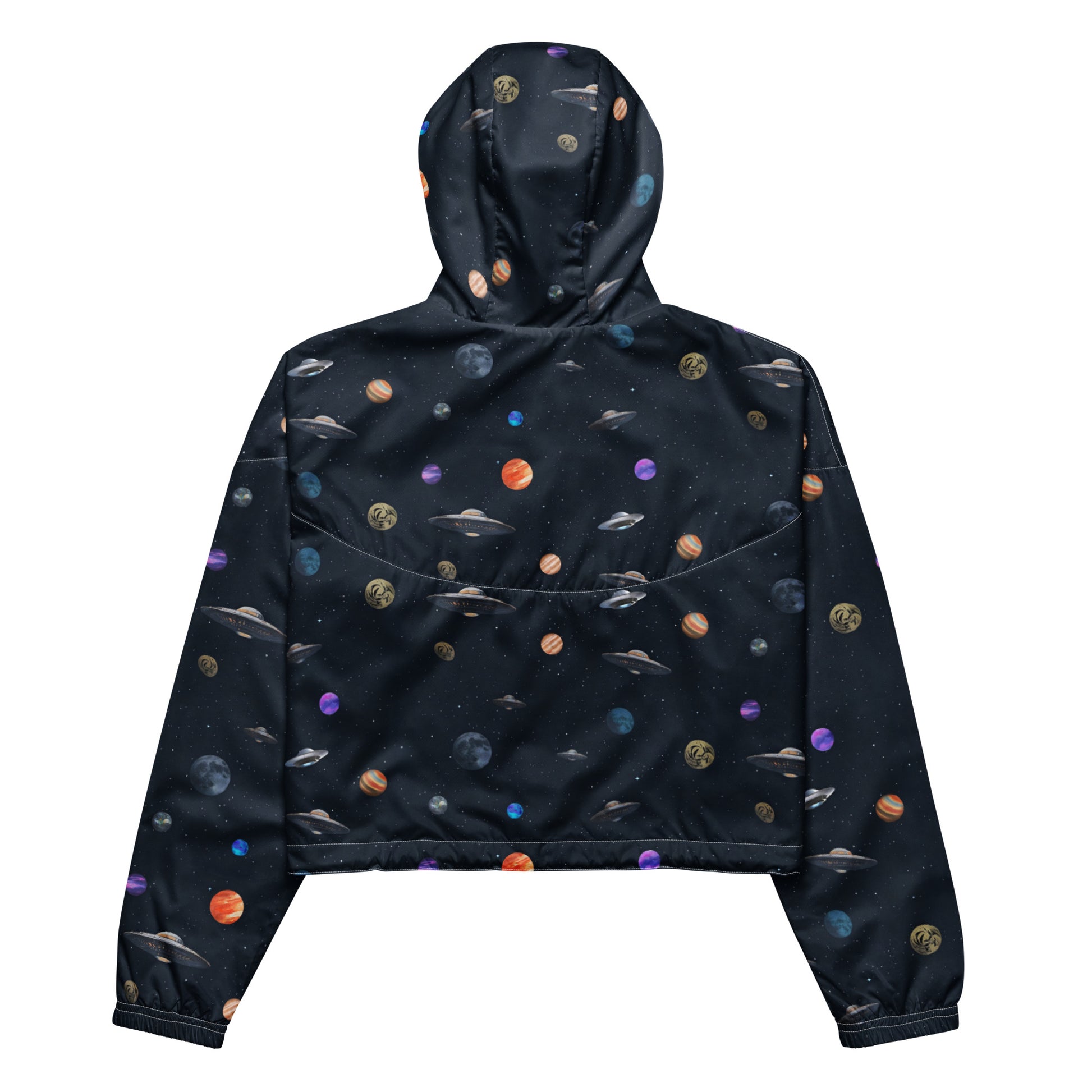 Cropped windbreaker with pattern of UFOs and planets in space.