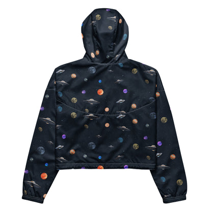 Cropped windbreaker with pattern of UFOs and planets in space.