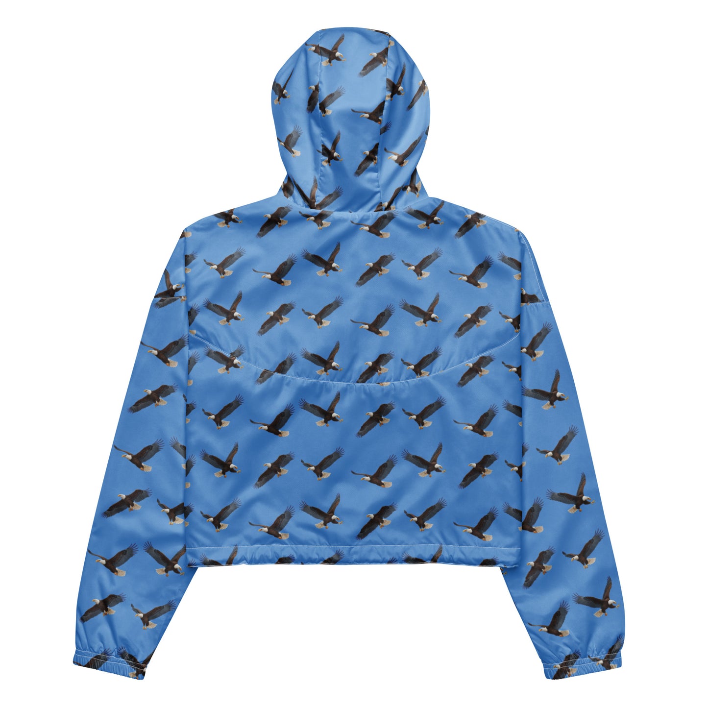 Cropped, blue windbreaker with pattern of bald eagles.