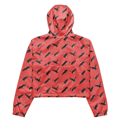 Cropped, red windbreaker with pattern of bald eagles.