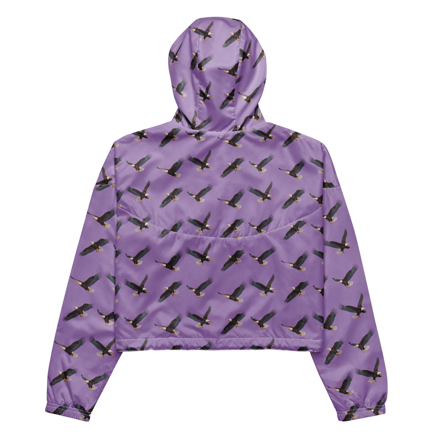 Cropped, purple windbreaker with pattern of bald eagles.