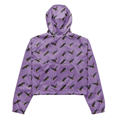 Cropped, purple windbreaker with pattern of bald eagles.
