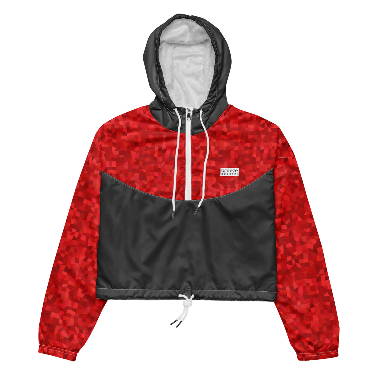 Cropped jacket with red geometric pattern on top and sleeves; rest is gray.