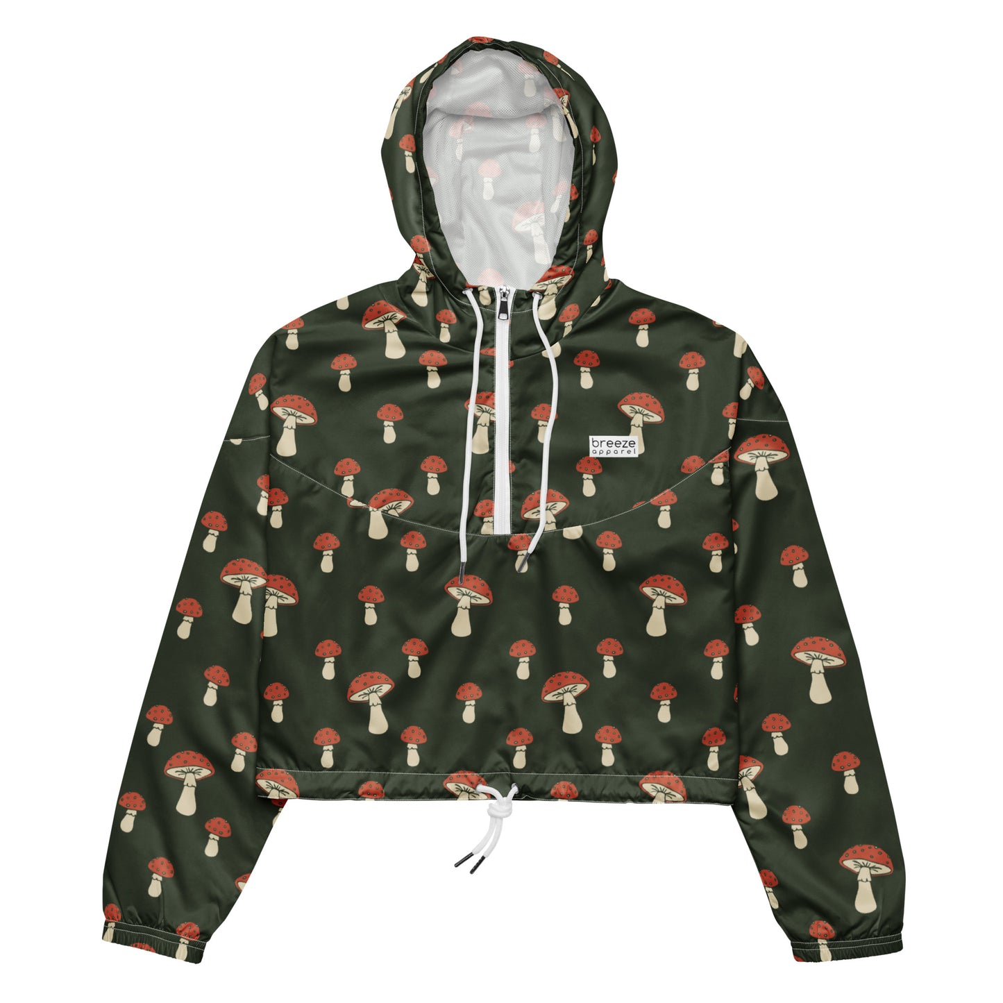 Cropped jacket with pattern of mushrooms set on a green background.