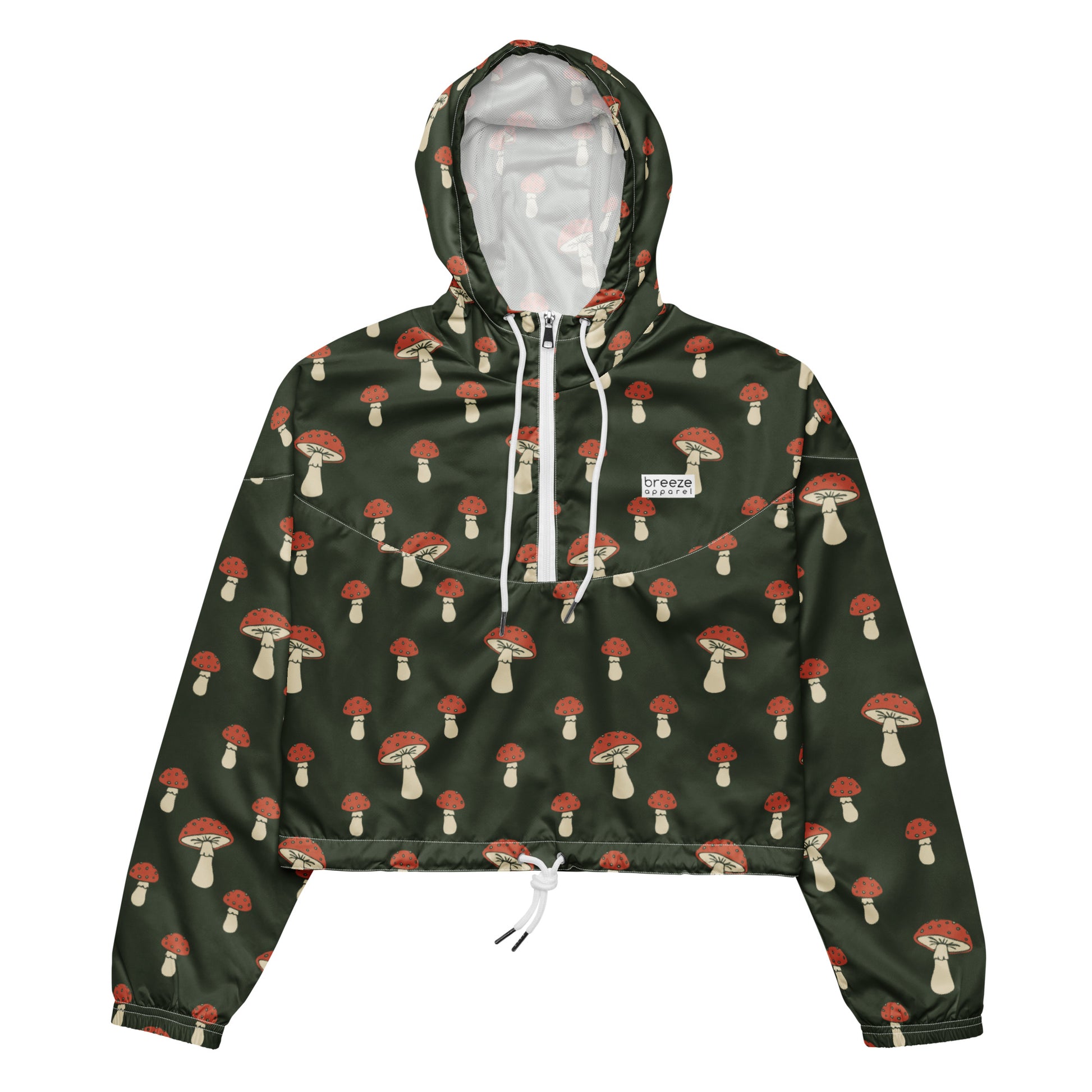 Cropped jacket with pattern of mushrooms set on a green background.