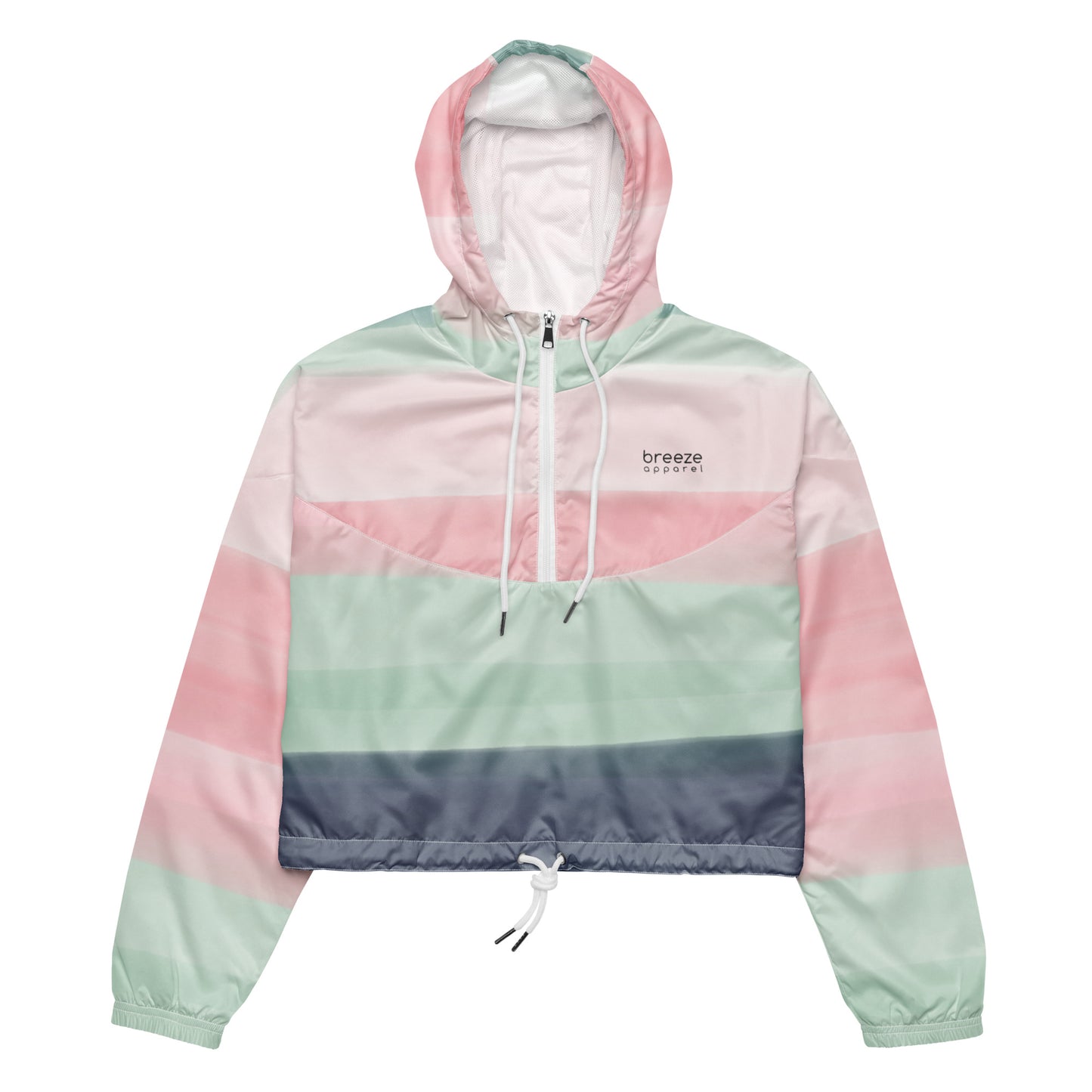 Cropped jacket with pattern resembling watercolor. Colors included are gray, light-green, and shades of pink.