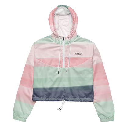 Cropped jacket with pattern resembling watercolor. Colors included are gray, light-green, and shades of pink.