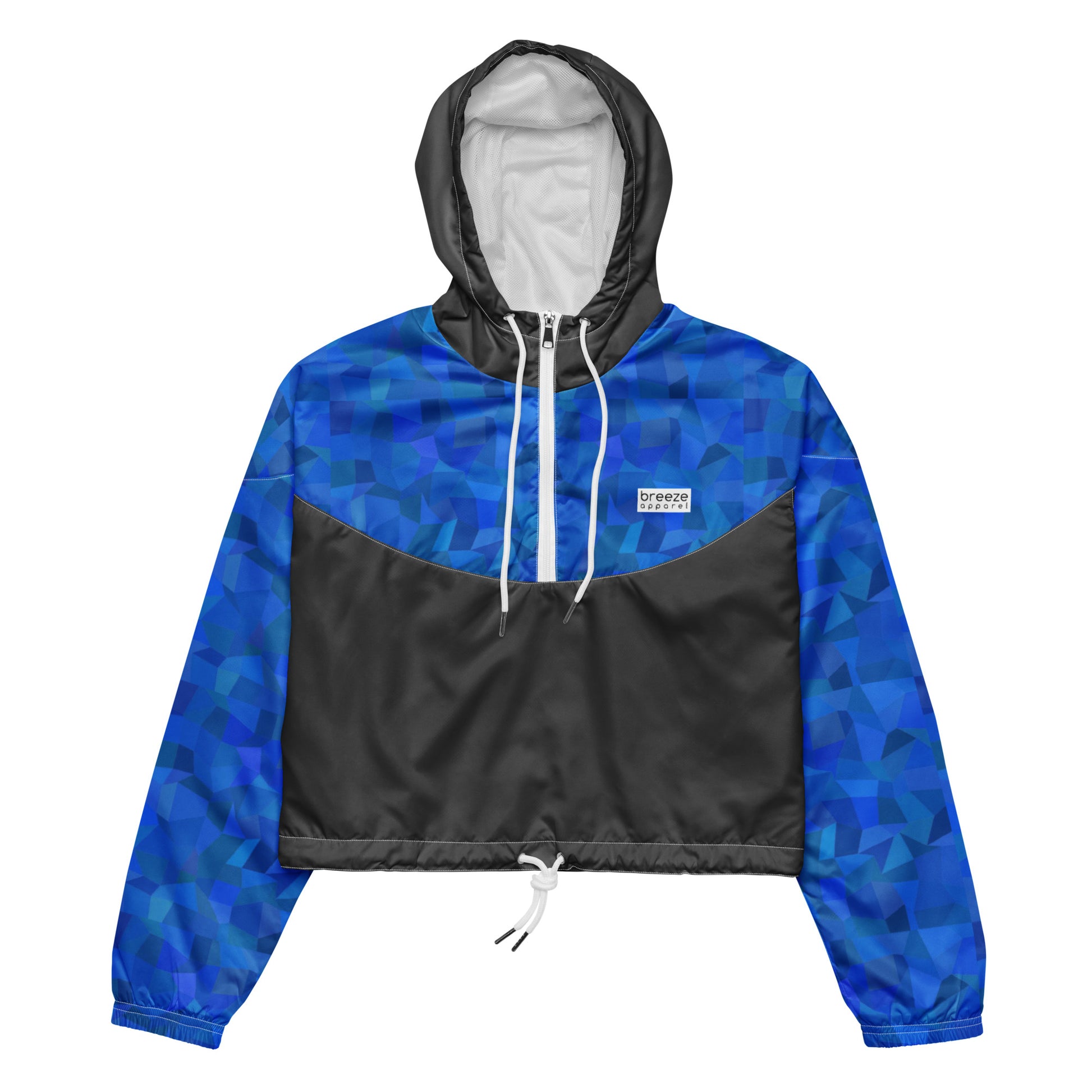 Cropped jacket with blue geometric pattern on top and sleeves; rest is gray.