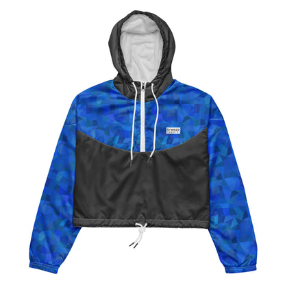 Cropped jacket with blue geometric pattern on top and sleeves; rest is gray.