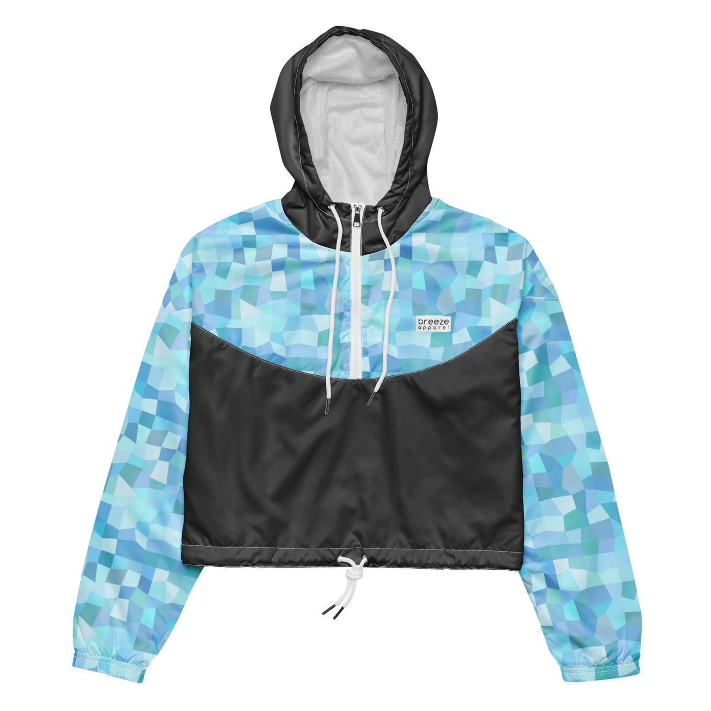 Cropped jacket with light-blue geometric pattern on top and sleeves; rest is gray.