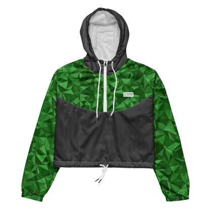 Cropped windbreaker with green geometric pattern on top half and sleeves; rest is gray.
