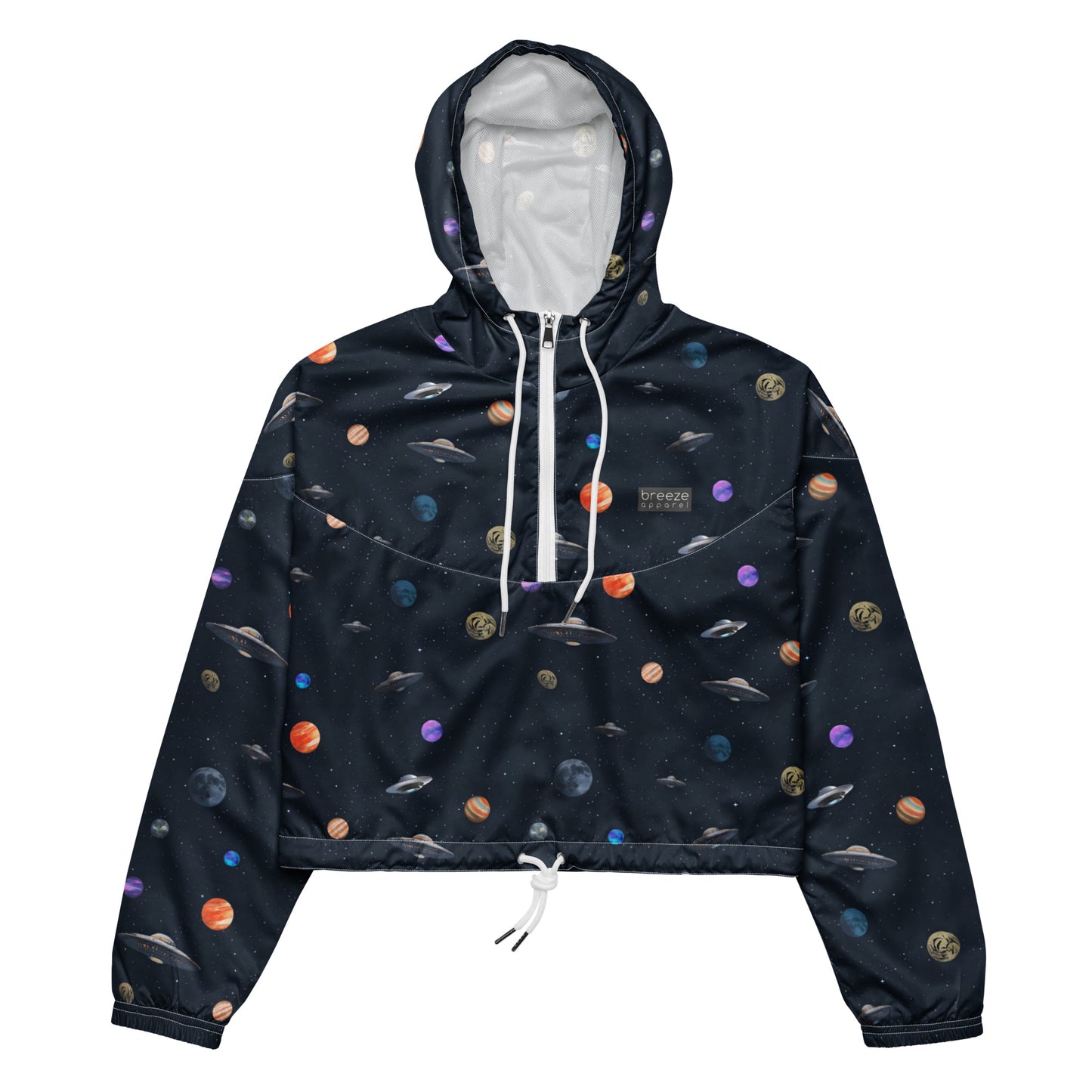 Cropped windbreaker with pattern of UFOs and planets in space.
