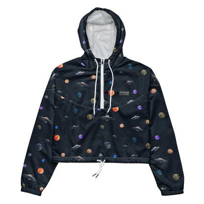 Cropped windbreaker with pattern of UFOs and planets in space.