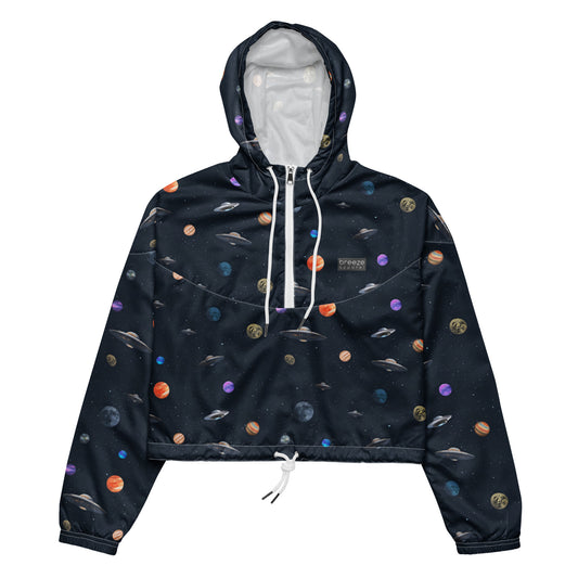 Cropped windbreaker with pattern of UFOs and planets in space.