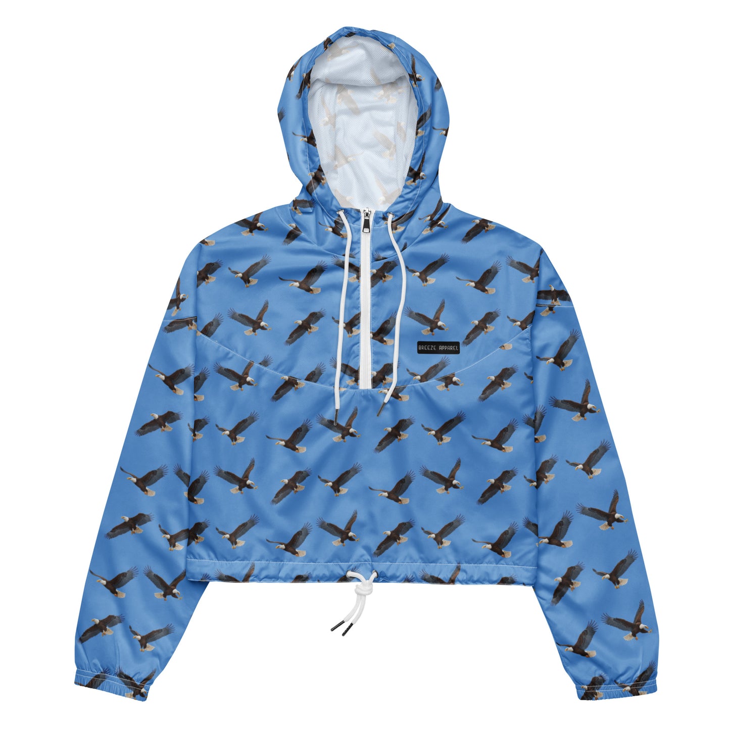 Cropped, blue windbreaker with pattern of bald eagles.