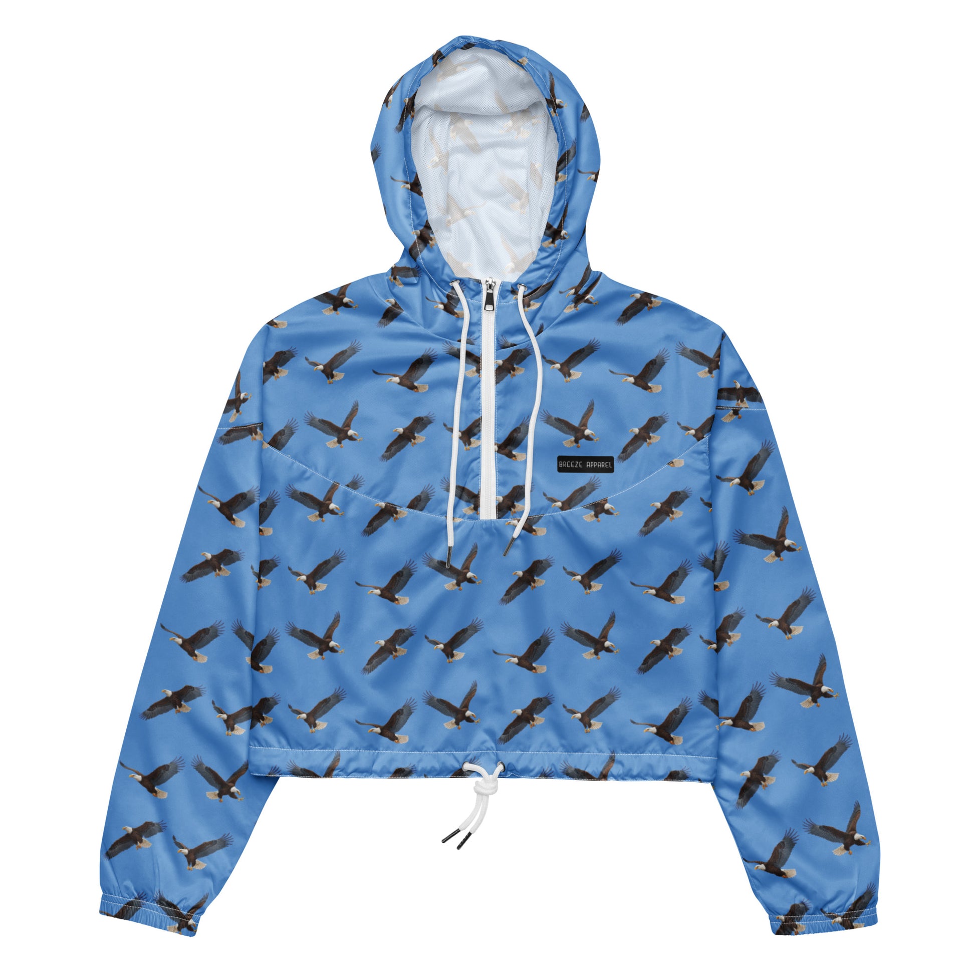 Cropped, blue windbreaker with pattern of bald eagles.