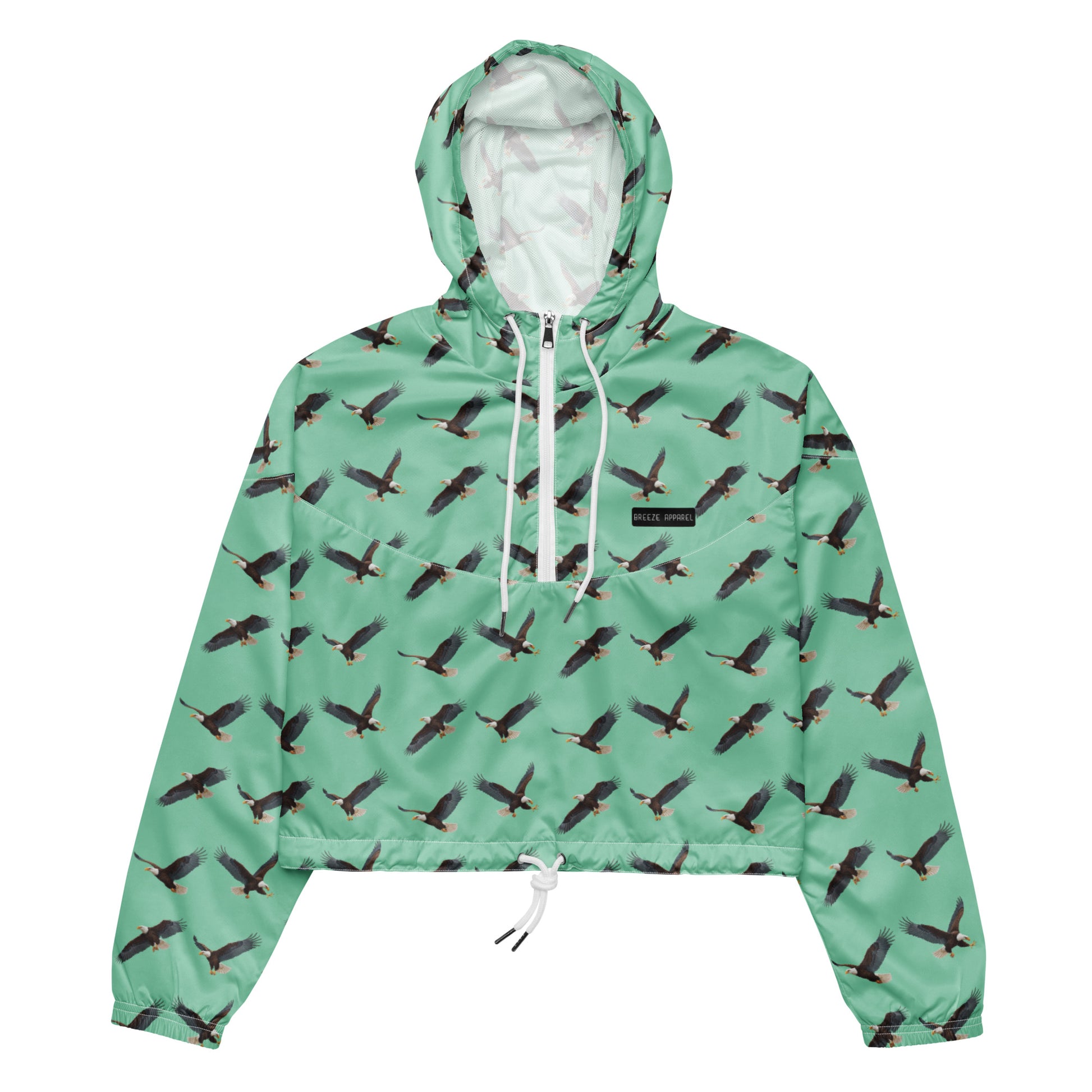 Cropped, green windbreaker with pattern of bald eagles.