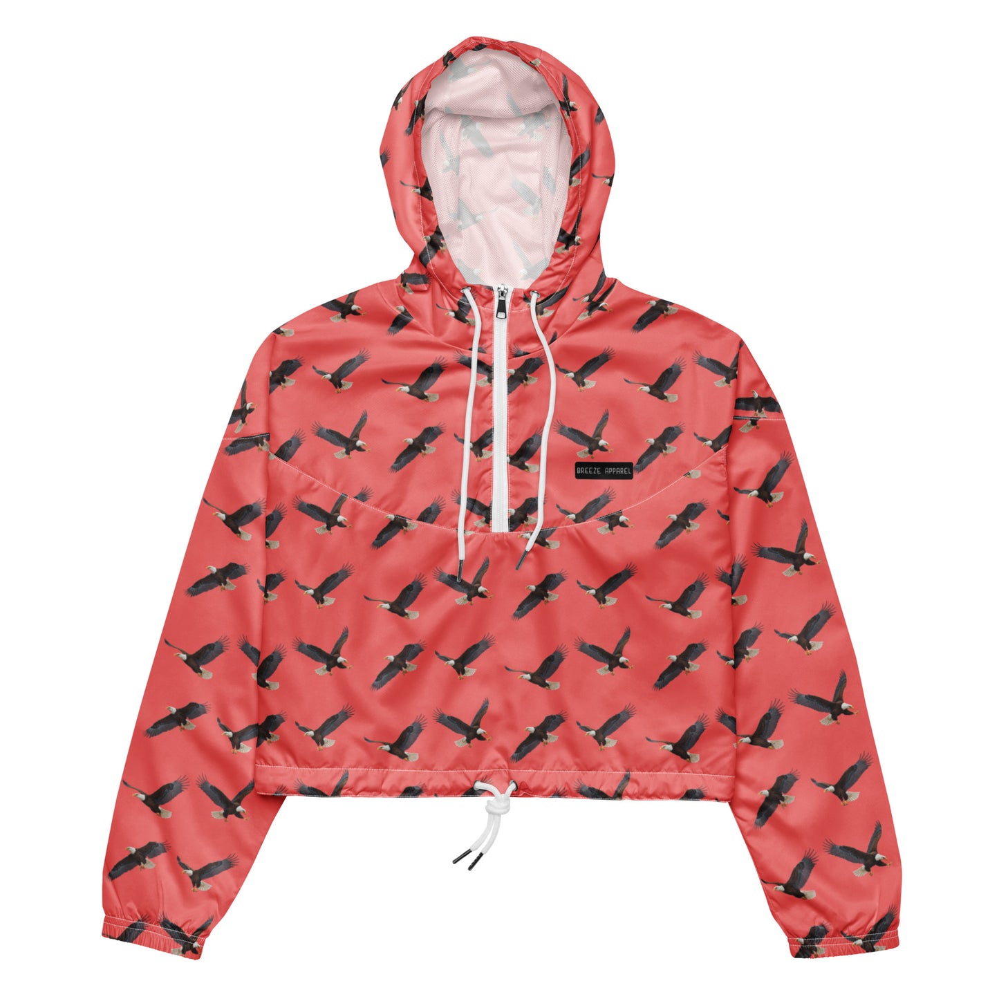 Cropped, red windbreaker with pattern of bald eagles.