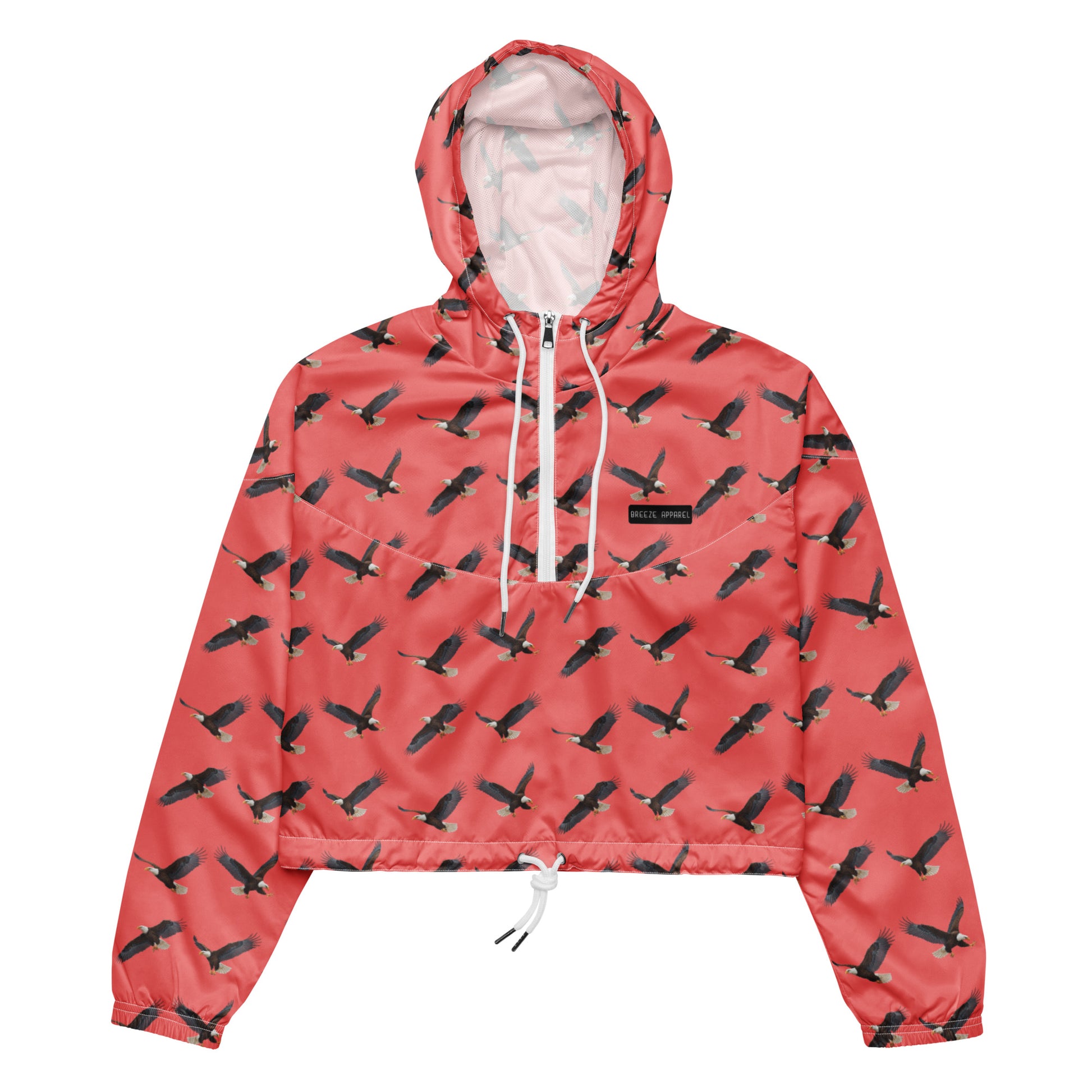 Cropped, red windbreaker with pattern of bald eagles.