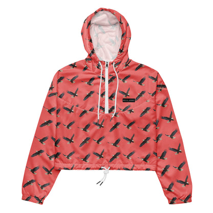 Cropped, red windbreaker with pattern of bald eagles.