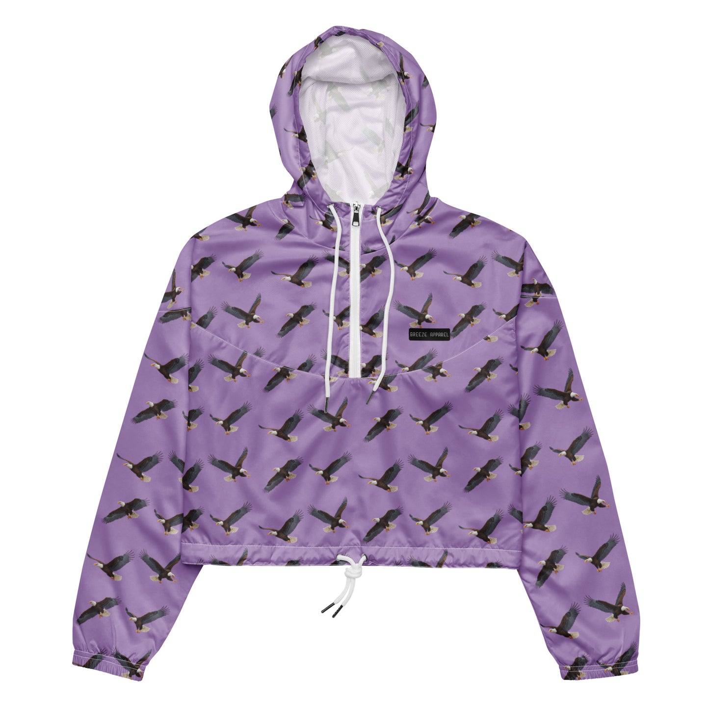 Cropped, purple windbreaker with pattern of bald eagles.