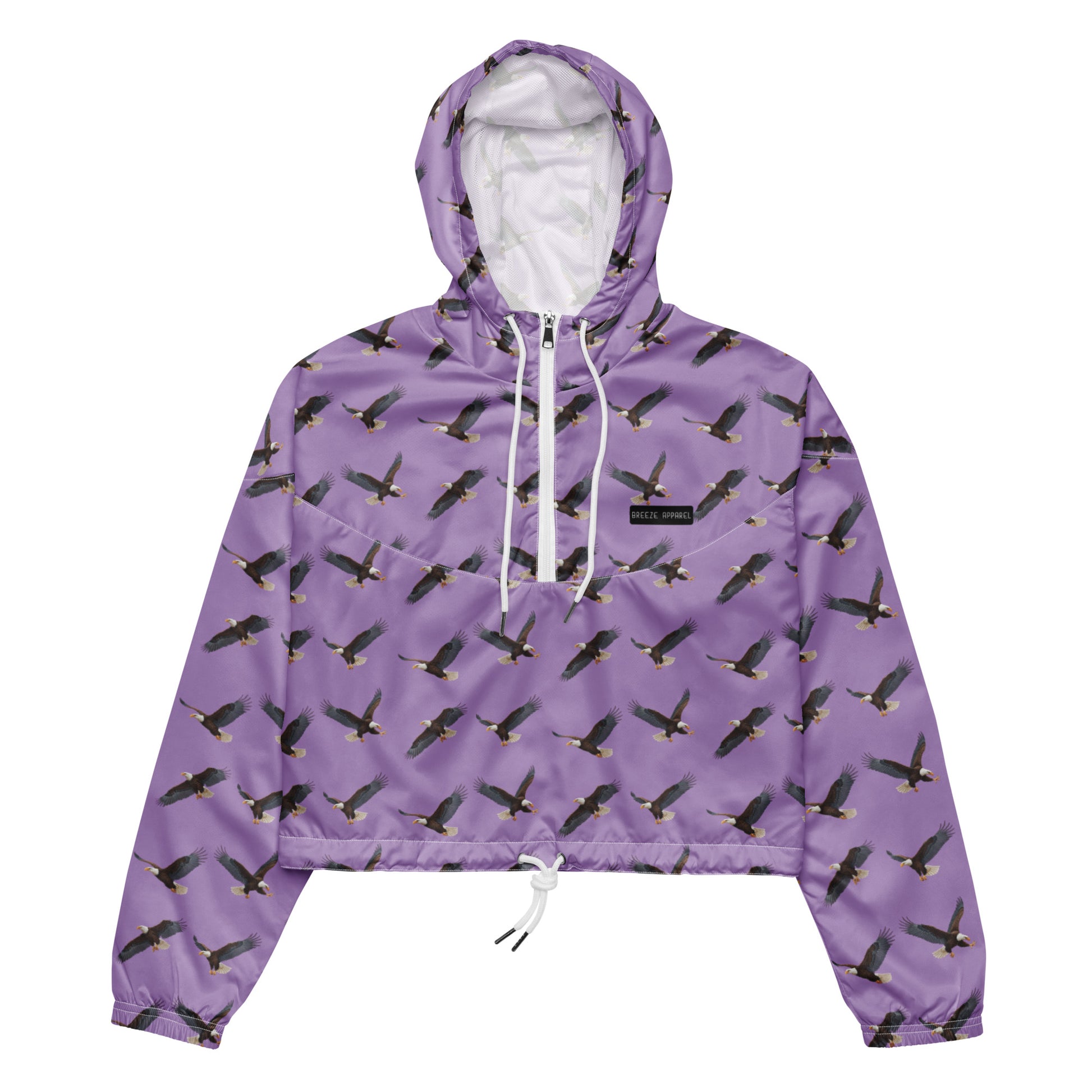 Cropped, purple windbreaker with pattern of bald eagles.