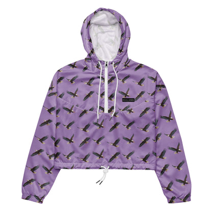 Cropped, purple windbreaker with pattern of bald eagles.