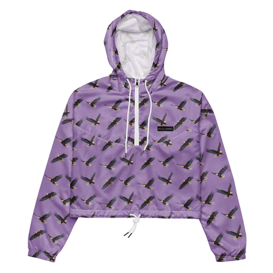 Cropped, purple windbreaker with pattern of bald eagles.