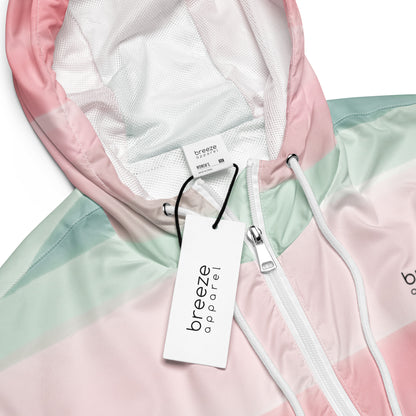 Jacket with pattern resembling watercolor. Colors included are gray, light-green, and shades of pink.