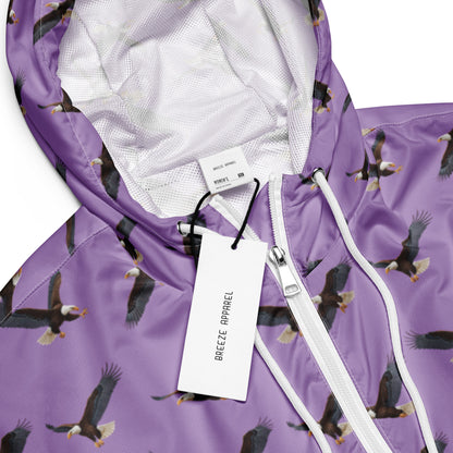 Cropped, purple windbreaker with pattern of bald eagles.