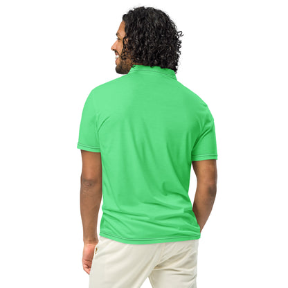 Rear view of man wearing green polo shirt 