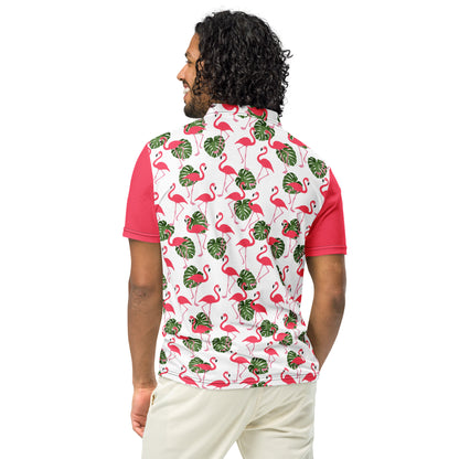 Rear view of man wearing polo with pattern of pink flamingos and green palm leaves set on a white background. Sleeves are pink.