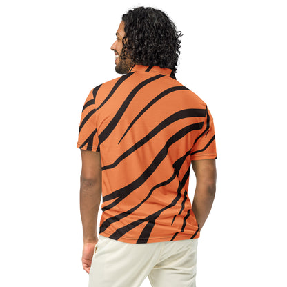 Rear view of man wearing polo shirt with tigerskin pattern.